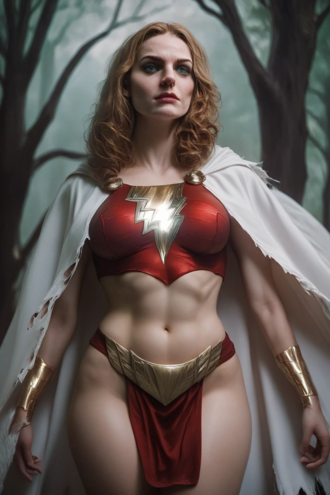 nude meryl streep, full body, full frontal, red cape, smiling face, hands on hips