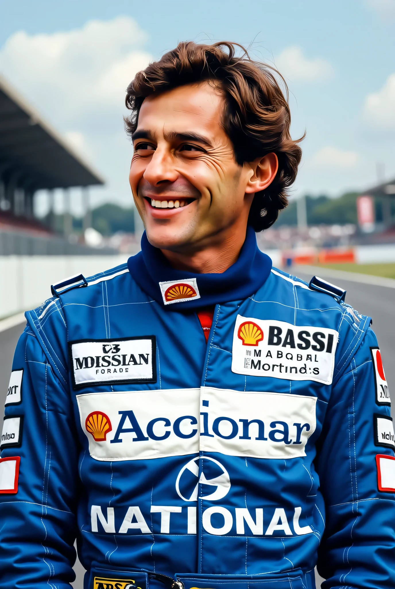 Ayrton Senna,Brazil🇧🇷,f1 driver、〜1994、Can you draw a racing suit that is blue overall and only white on the chest,I'm standing on the paved road of the circuit,,,full body portrait,laughing,I'm watching the circuit,facial expression is the top priority, so don't crop your face,