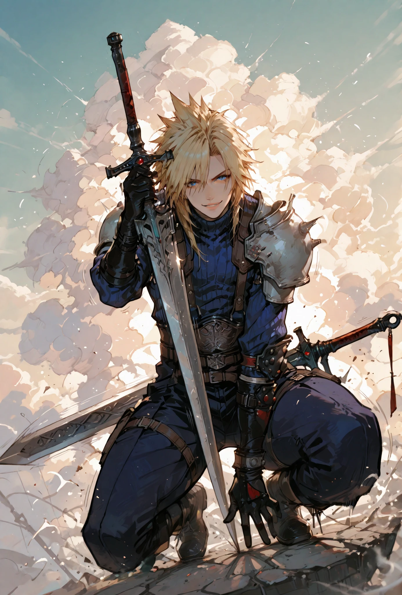 (score_9,score_8_up,score_7_up),((MAN, 1 MAN, CLOUD STRIFFE , FINAL FANTASY VII, CLOUD full SOLDIER clothers, WITH A SWORD,), ,,extremely detailed,dynamic lighting,best quality,,,best quality,high quality,, , dynamic angle, , thick thighs, motion lines,, , solo, perfect eyes,,DETAIL,MASTERPIECE,,Expressiveh, ultra detailed,,,,very detailed,extremely detailed,dynamic lighting,best quality,(score_9,score_8_up,score_7_up), CLOUD, FINAL FANTASY VII, BLUE eyes, BLONDE SPIKY hair, , BADASS POSE,ATLETICH BODY TYPE,,extremely detailed,dynamic lighting,best quality,pale skin,evil smile,, sleeve, BLACK GLOVES