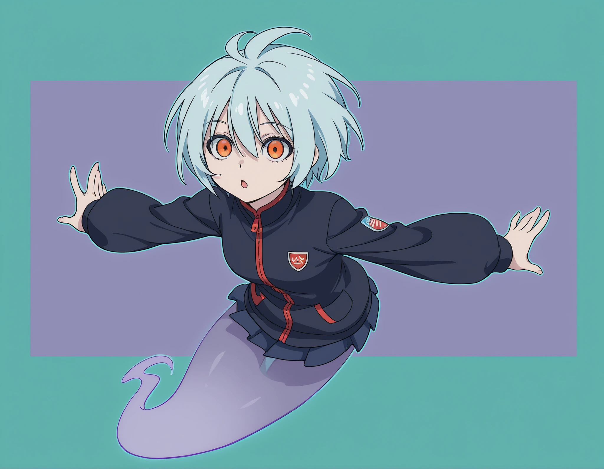 Anime Masterpiece、Highest Quality、super high resolution、clean line、Cell painting ＋soft gradation、Neon Tone。  Tight framing。One beloved ghost girl is floating、orange eyes、Bad look with dark eyes、 Mouth slightly open。 light blue short hair。Her lower body is stretched out with a spirit。show：Pale cyan〜there are several lavender whispers drifting。 Small glitch rectangle along the outline（3〜5）、The slight background is uniform green。