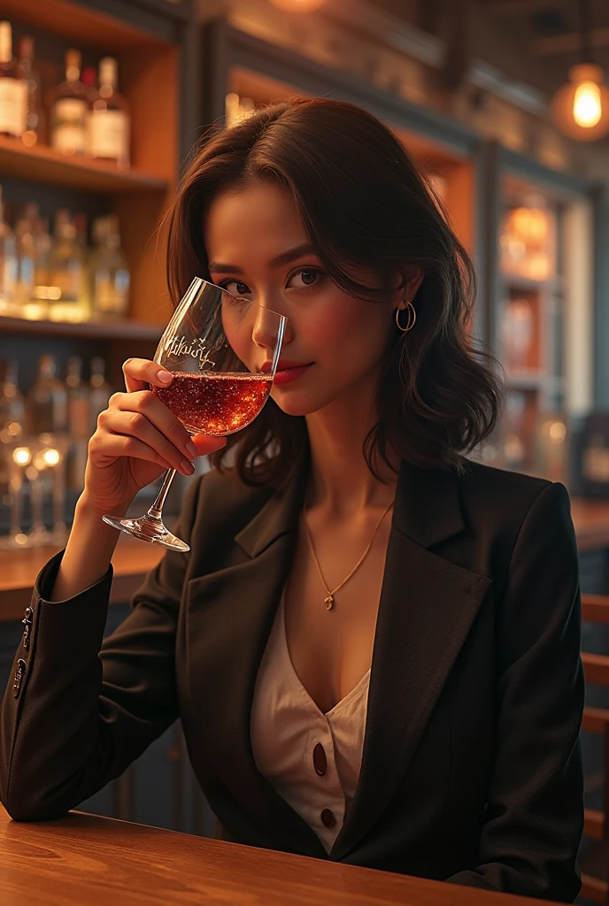 smiling woman sitting at a table with a glass of wine, with a drink, at a bar, probably in her 30s, around 20 yo, taken in the early 2020s, sitting at the bar, aleksandra waliszewska, very slightly smiling, in a bar, ewa juszkiewicz, sitting at a bar