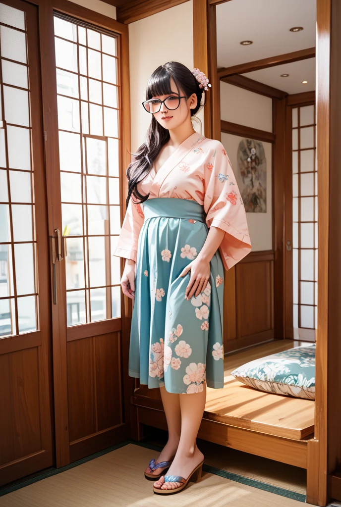 full body image of  woman dressed in green wide pants, white business shirt (translucent 1.3), black open toe sandals, white stockings, large oval glasses, vibrant, dynamic pose, 8k, high detail, cinematic, like anime movie, (delicate fabric 1.2), (translucent fabric 1.4), pale skin, dark brown hair with bangs, high res, beautiful face, detailed face (beautiful face 1.3), detailed eyes, dark eyelashes, (blush 1.2), (detailed legs 1.3), (detailed feet 1.3), background a traditional japanese home with shoji doors and tatami mats
