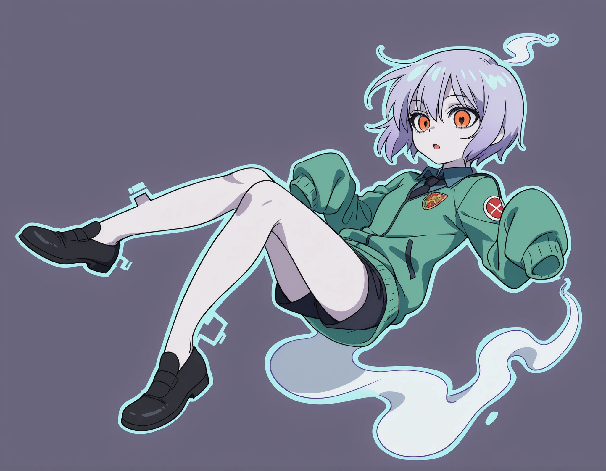 Anime Masterpiece、Highest Quality、super high resolution、clean line、Cell painting ＋soft gradation、Neon Tone。  Tight framing。One beloved ghost girl is floating。multiple small glitch rectangles along the outline of the body。orange eyes、Bad look with dark eyes、 Mouth slightly open。 light blue short hair。Her lower body is stretched out with a spirit。2 pale lavender whispers drift。 The slight background is uniform green。