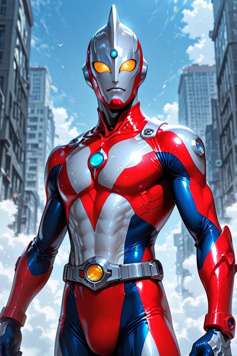 tmasterpiece,Best quality at best,1boys,extraterrestial,malefocus,独奏,1boys,Tokusatsu,full bodyesbian,(der riese),railing,glowing light eyes,from below,White eyes,城市,buliding,damaged buildings, Burly, Fitness model, Muscle lines are pronounced