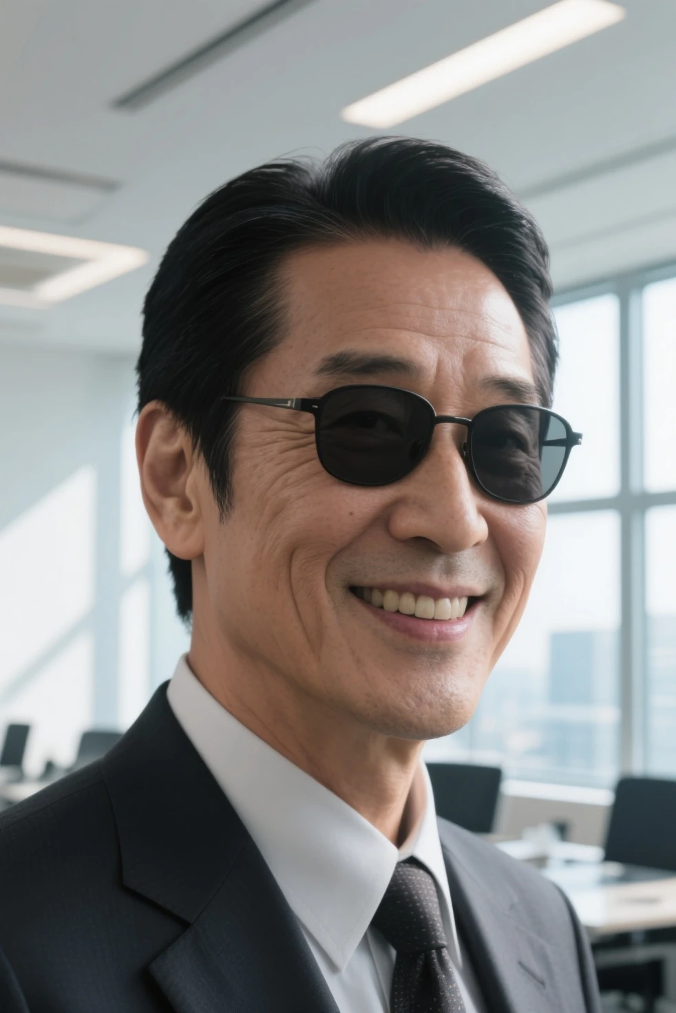 photorealistic, middle-aged Japanese man resembling Tamori, wearing his signature dark sunglasses, friendly smile, short black hair neatly combed, dressed in a stylish business suit, standing in a bright modern office with large windows, natural daylight streaming in, high detail, ultra high resolution, realistic skin texture, sharp focus