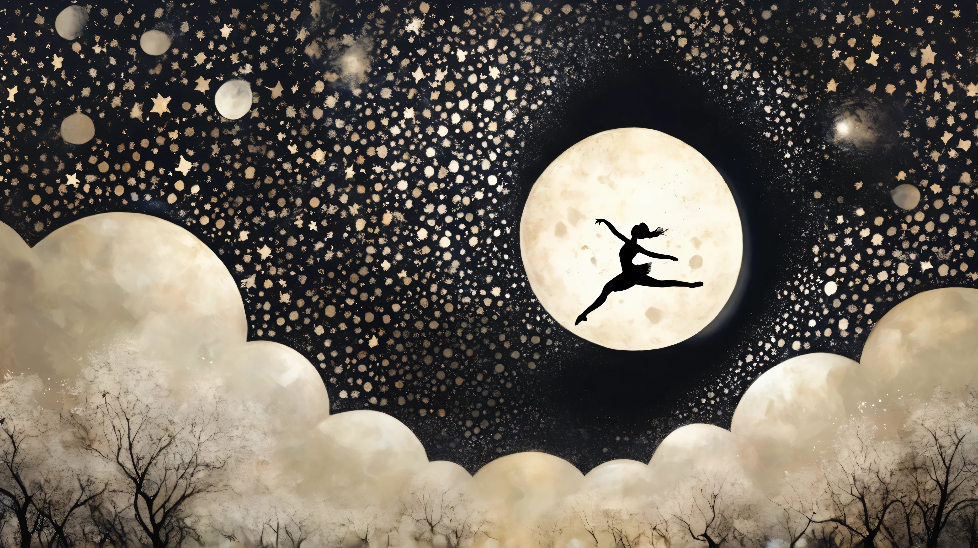 a ballerina jumping on the crescent moon. surreal fantasy, Starlit, dreamy mood, fine brushstrokes, Mahiro Maeda´s whimsical painting depicting, dramatic light, high contrast with patterns.