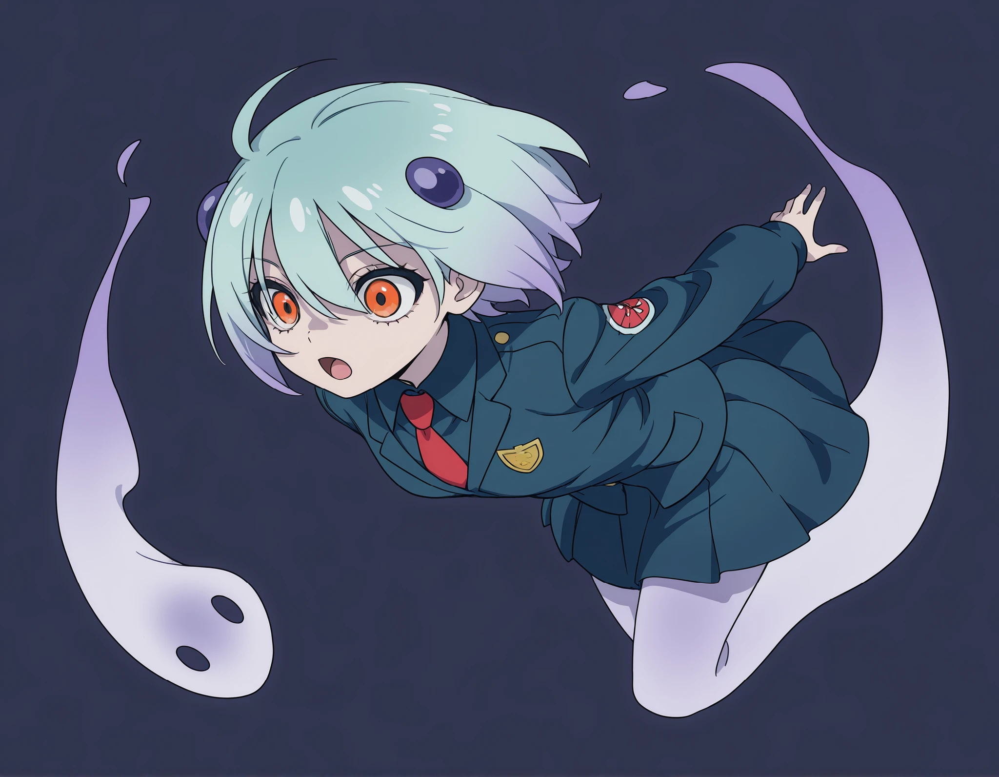 Anime Masterpiece、Highest Quality、super high resolution、clean line、Cell painting ＋soft gradation、Neon Tone。  Tight framing。One adorable ghost girl in a dark blue uniform is floating。multiple small glitch rectangles along the outline of the body。orange eyes、Bad look with dark eyes、 Mouth slightly open。 Light blue short hair like blueberries。Her lower body is stretched out with a spirit。2 pale lavender whispers drift。 The slight background is uniform green。