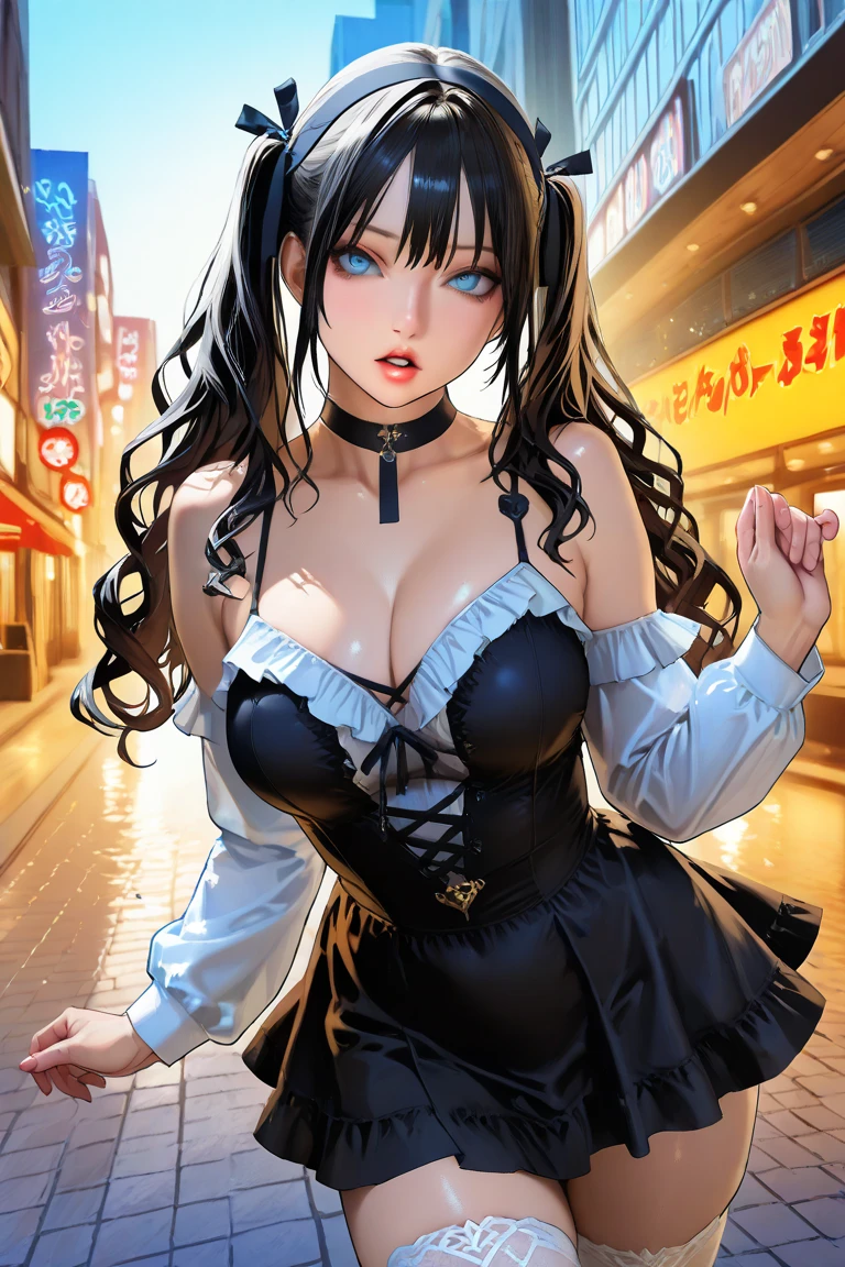 1 woman of 30 years old, big breast ,sexy,hot,{{{long brown hair in twin pigtails}}}, {{{pale yellow eyes}}}, plain Tiger dress, sleeves fall off the shoulder, cleavage, small smile, in a city sidewalk with neon lights, night ,{best quality.}, {higher master piece.},