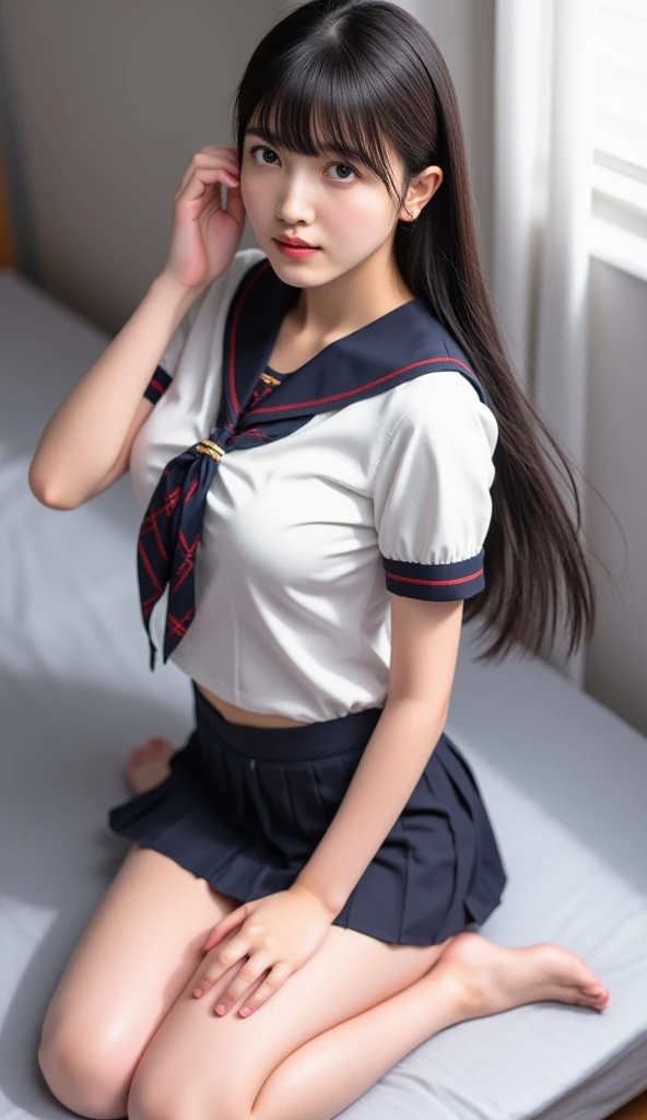 highest quality、Super detailed、masterpiece、real、photo real、illumination is bright、1 girl、very beautiful girl、(cute:1.2)、smile、(layered haircut)、perfect shiny skin、perfect skin、((erotic、sexy))、((Precise hands without any discomfort))、big breasts、thin waist、view audience、((sailor suit))、((short sleeve uniform white shirt))、(red tie)、(blue mini pleated skirt)、(((do it yourself skirt lift)))、(showing panties)、panties、panties focus、((sit))、(black knee socks)、(loafer shoes)、daytime、indoor、Bokeh、enchanting smile、flash、Surrealism、modern art、(((SEXY Pose)))、(photorealistic:1.37)、medium hair、(pink blush)、(illumination)、(solo)、dynamic pose、((erect nippleake your legs thinner)、Highly detailed ambient occlusion、ultra high resolution、超real、extremely detailed、