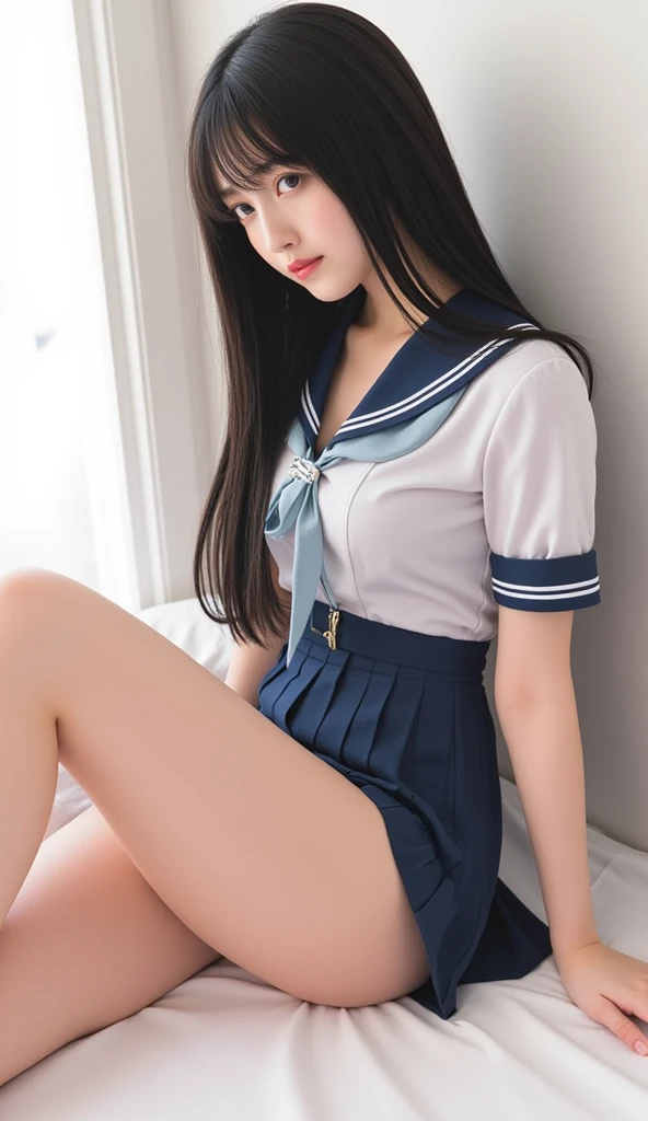Lie down on the bed,Women,,Remove sailor uniform and skirt halfway,See-through underwear,whole body,(Blushing 1.2)Baby Face,beautiful girl,beautiful girl,beautiful girl,beautiful girl ((((((Real))))))　slightly long black hair,Beautiful appearance, open arms,Spread your legs,cute,cute