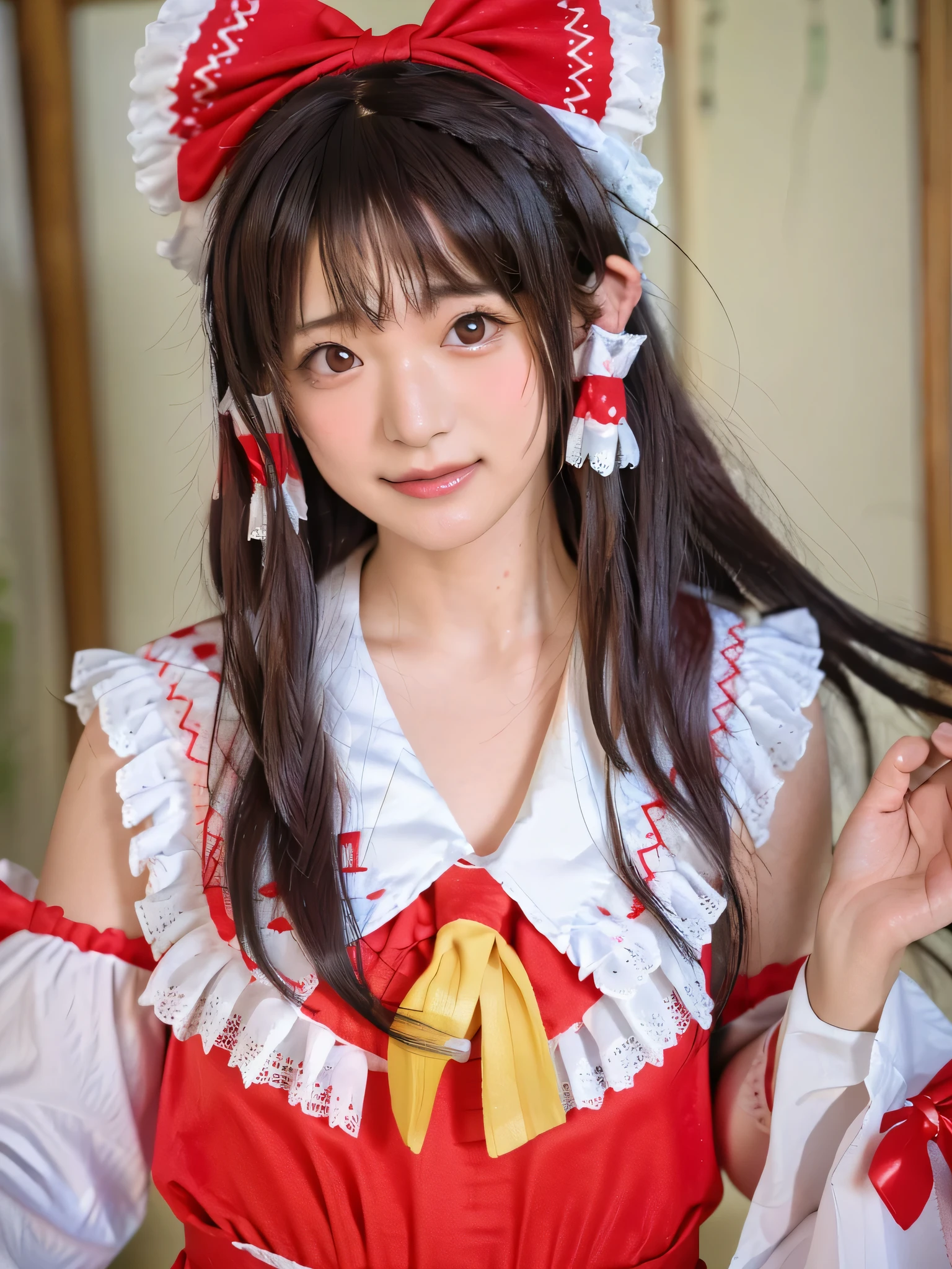 qgiel, solo, (smile:1.3), Looking at camera,
cowboy shot, sexy pose, dynamic zngle,
hakurei_reimu_touhou,bow, hair_bow, hair_tubes, red_bow, brown_hair, long_hair, bangs, (hair tubes:1,5), (sidelocks:1.75), ascot, brown_eyes, frilled_bow, yellow_ascot, blush, smile, hair_between_eyes
perfectly round breasts, busty breasts,
(masterpiece, best quality:1.4), (8k, raw photo, photo realistic:1.2), cinematic lighting, soft lighting, shiny skin, detailed skin, detailed face, detailed eyes, (textured skin, skin pores:1.1), Beyondv4,