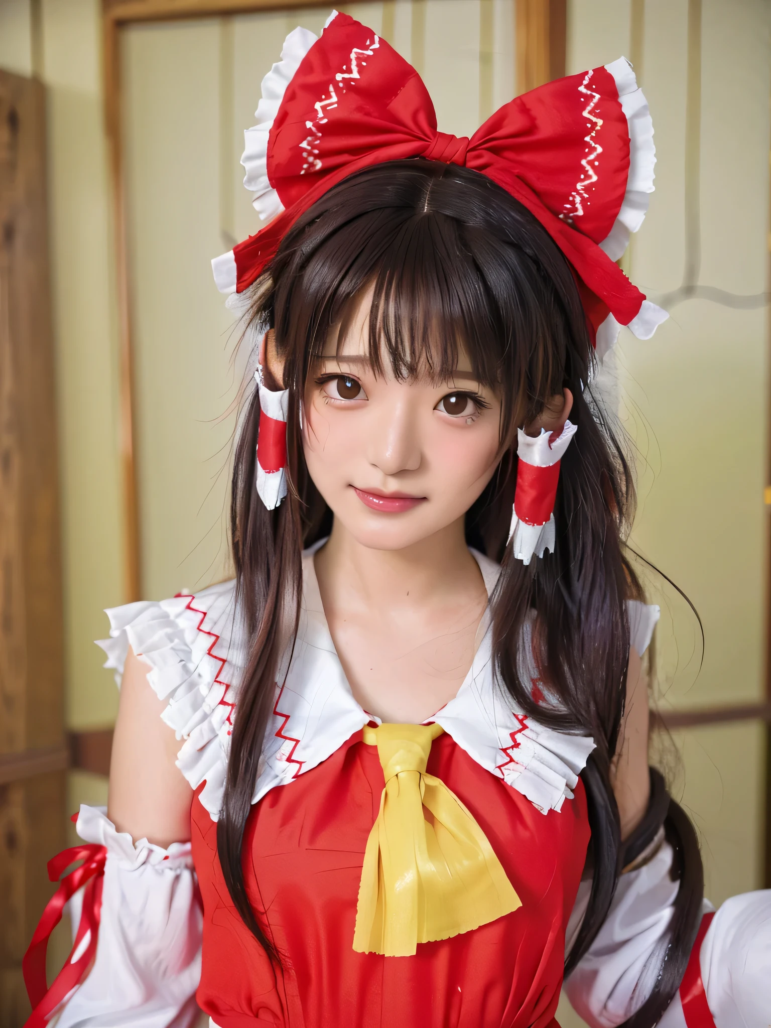 qgiel, solo, (smile:1.3), Looking at camera,
cowboy shot, sexy pose, dynamic zngle,
hakurei_reimu_touhou,bow, hair_bow, hair_tubes, red_bow, brown_hair, long_hair, bangs, (hair tubes:1,5), (sidelocks:1.75), ascot, brown_eyes, frilled_bow, yellow_ascot, blush, smile, hair_between_eyes
perfectly round breasts, busty breasts,
(masterpiece, best quality:1.4), (8k, raw photo, photo realistic:1.2), cinematic lighting, soft lighting, shiny skin, detailed skin, detailed face, detailed eyes, (textured skin, skin pores:1.1), Beyondv4,