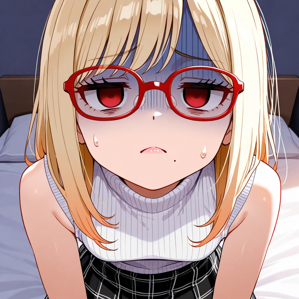 chubby girl, blonde, green eyes, medium length hair, open forehead, without bangs, glasses with black square frames
Tears, lots of tears, sad, sitting on the bed 