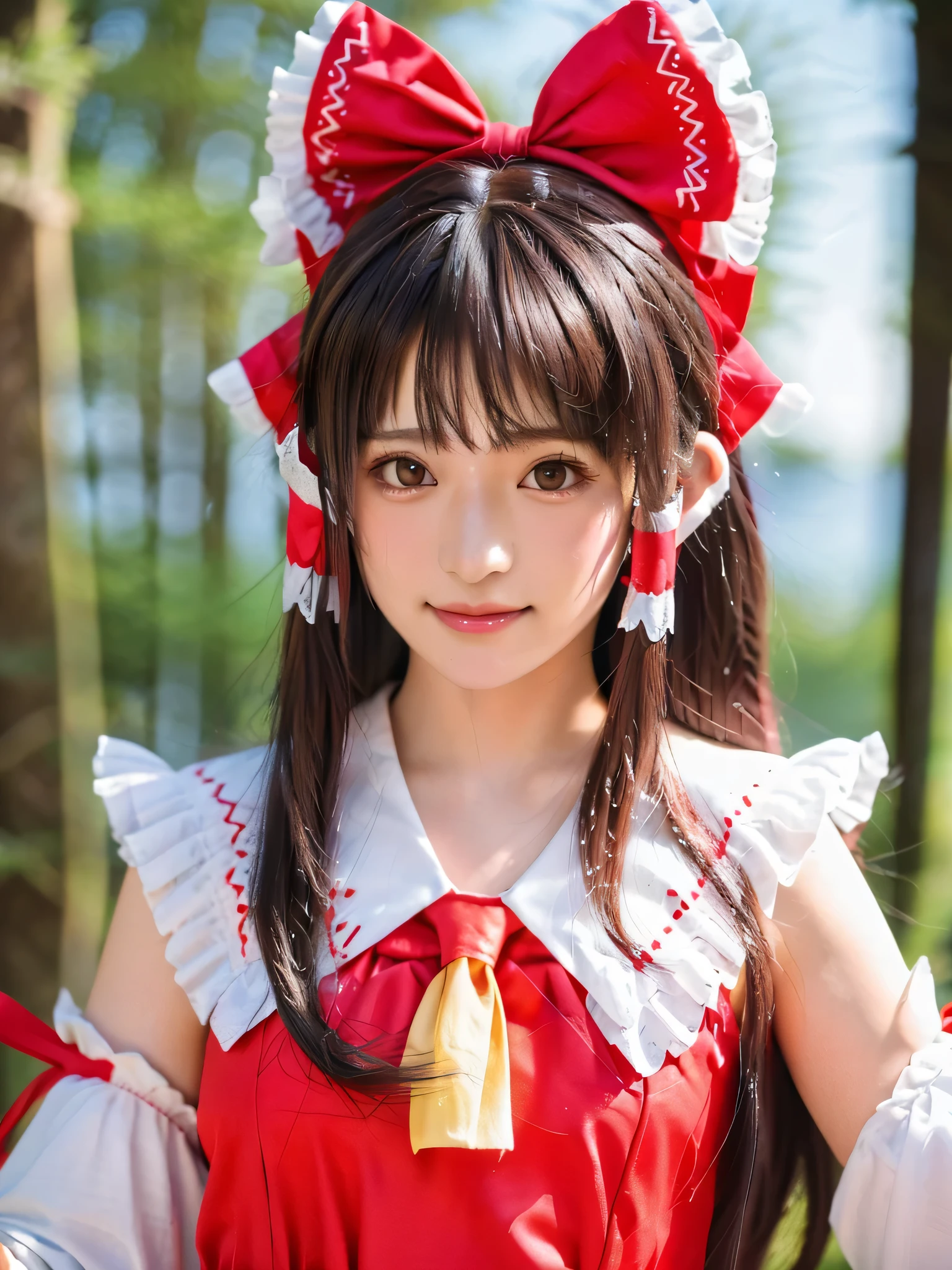 qgiel, solo, (smile:1.3),
cowboy shot, sexy pose, dynamic zngle,
hakurei_reimu_touhou,bow, hair_bow, hair_tubes, red_bow, brown_hair, long_hair, bangs, (hair tubes:1,5), (sidelocks:1.75), ascot, brown_eyes, frilled_bow, yellow_ascot, blush, smile, hair_between_eyes
flat breasts, 
(masterpiece, best quality:1.4),  (8k, raw photo, photo realistic:1.2),  cinematic lighting, soft lighting, shiny skin, detailed skin, detailed face, detailed eyes, (textured skin, skin pores:1.1), Beyondv4,
