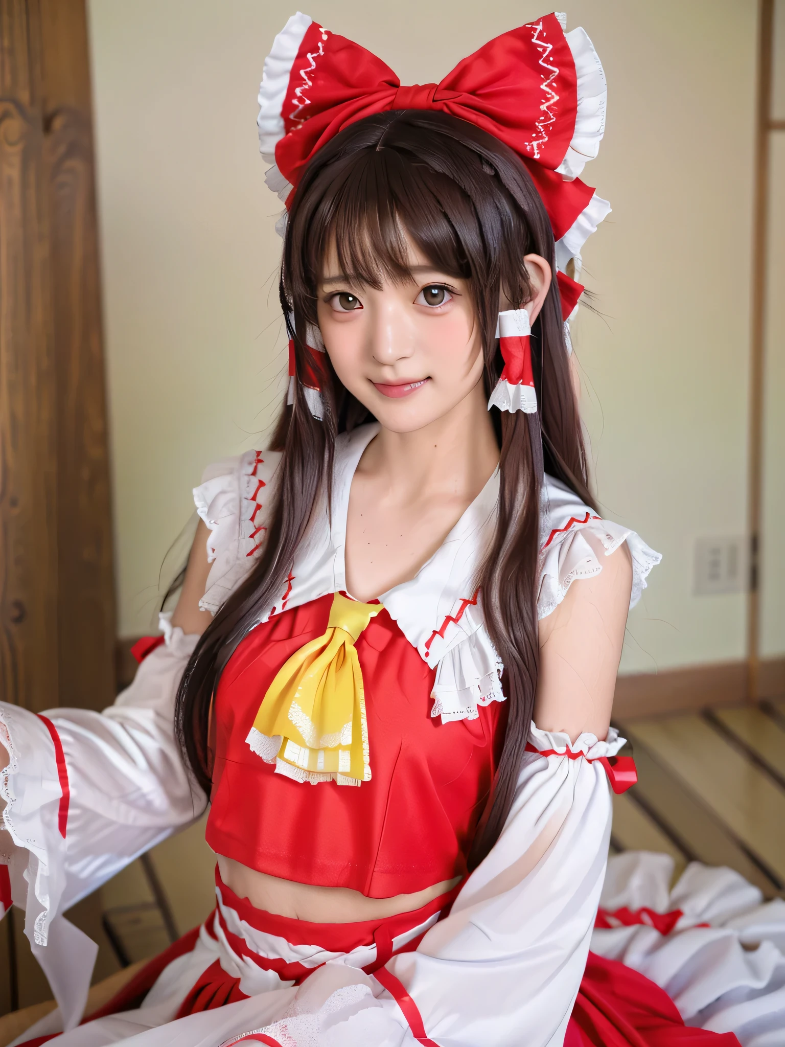 qgiel, solo, (smile:1.3),
cowboy shot, sexy pose, dynamic zngle,
hakurei_reimu_touhou,bow, hair_bow, hair_tubes, red_bow, brown_hair, long_hair, bangs, (hair tubes:1,5), (sidelocks:1.75), ascot, brown_eyes, frilled_bow, yellow_ascot, blush, smile, hair_between_eyes
flat breasts, 
(masterpiece, best quality:1.4),  (8k, raw photo, photo realistic:1.2),  cinematic lighting, soft lighting, shiny skin, detailed skin, detailed face, detailed eyes, (textured skin, skin pores:1.1), Beyondv4,
