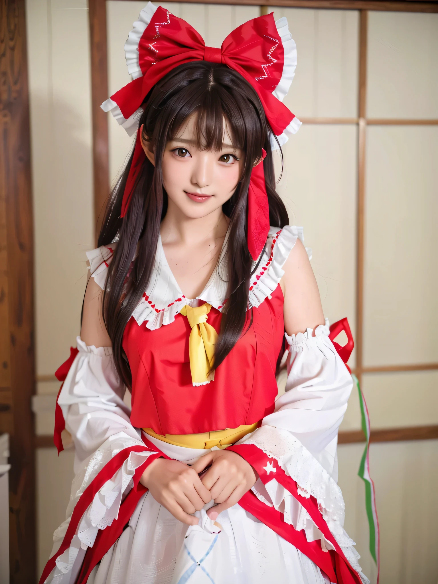 qgiel, solo, (smile:1.3),
cowboy shot, sexy pose, dynamic zngle,
hakurei_reimu_touhou,bow, hair_bow, hair_tubes, red_bow, brown_hair, long_hair, bangs, (hair tubes:1,5), (sidelocks:1.75), ascot, brown_eyes, frilled_bow, yellow_ascot, blush, smile, hair_between_eyes
flat breasts,
(masterpiece, best quality:1.4), (8k, raw photo, photo realistic:1.2), cinematic lighting, soft lighting, shiny skin, detailed skin, detailed face, detailed eyes, (textured skin, skin pores:1.1), Beyondv4,