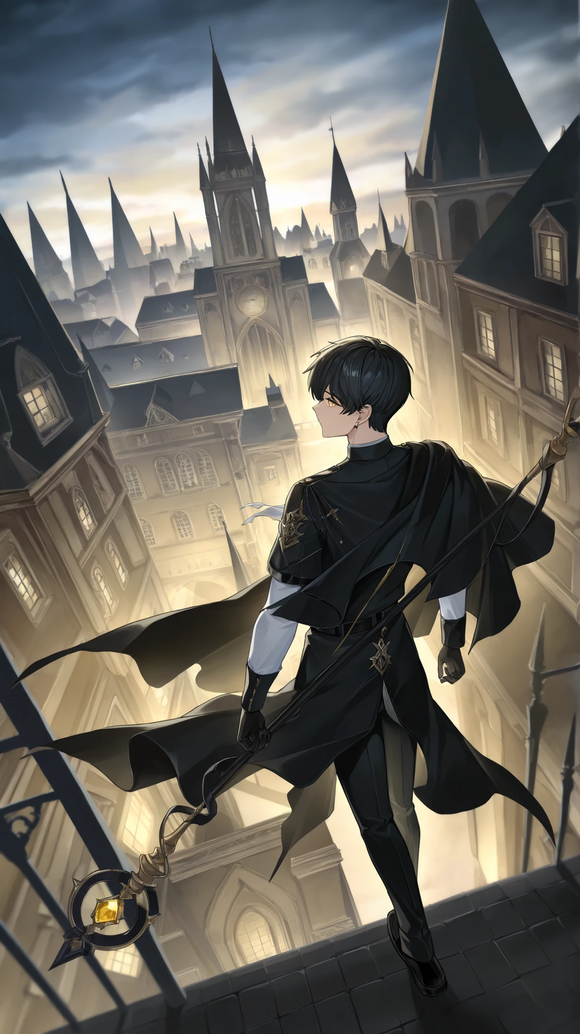 in style of Carl Holsoe, Detail enhancement,(deformed10.8),(negative space:1.4),((is of amazing quality, Very Beautiful, absurdres, newest)),
machasal ,narke_farnese ,absurdres ,highres ,1boy ,architecture ,belt ,black_belt, black_cape ,black_gloves, black_hair ,black_pants ,black_shoes ,black_sleeves ,cape ,city ,earrings ,floating_clothes, from_above, full_body, gem ,gloves ,gothic_architecture, grey_sky ,high_up ,holding ,holding_staff ,jewelry ,layered_sleeves, long_sleeves ,looking_to_the_side ,male_focus ,outdoors, pants ,profile ,shoes, short_hair, sky ,solo, staff ,tower ,walking ,white_sleeves, wind ,window ,yellow_eyes, yellow_gemstone,