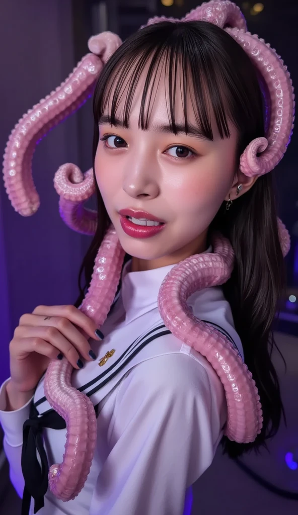 anime girl with pink hair and a purple dress holding a pink octopus, Fine details. anime. Tentacles, some Tentacles are touching her, Tentacles around, covered with Tentacles, Humanoid Pink Woman, splash art anime , digital art on Pixiv, Pixiv, From the Azur Lane video game, anime fantasy illustration、Tentaclesが女性期に挿入されている、Tentaclesが乳首に吸い付いている、Woman panting、A woman is enjoying herself、rape、Being tormented、Tentaclesは全て敵、Erotic、A woman is enjoying herself