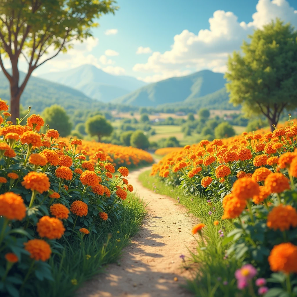Blue Sky、Celosia and marigolds、Footpath、rural、Mountains in the distance ...