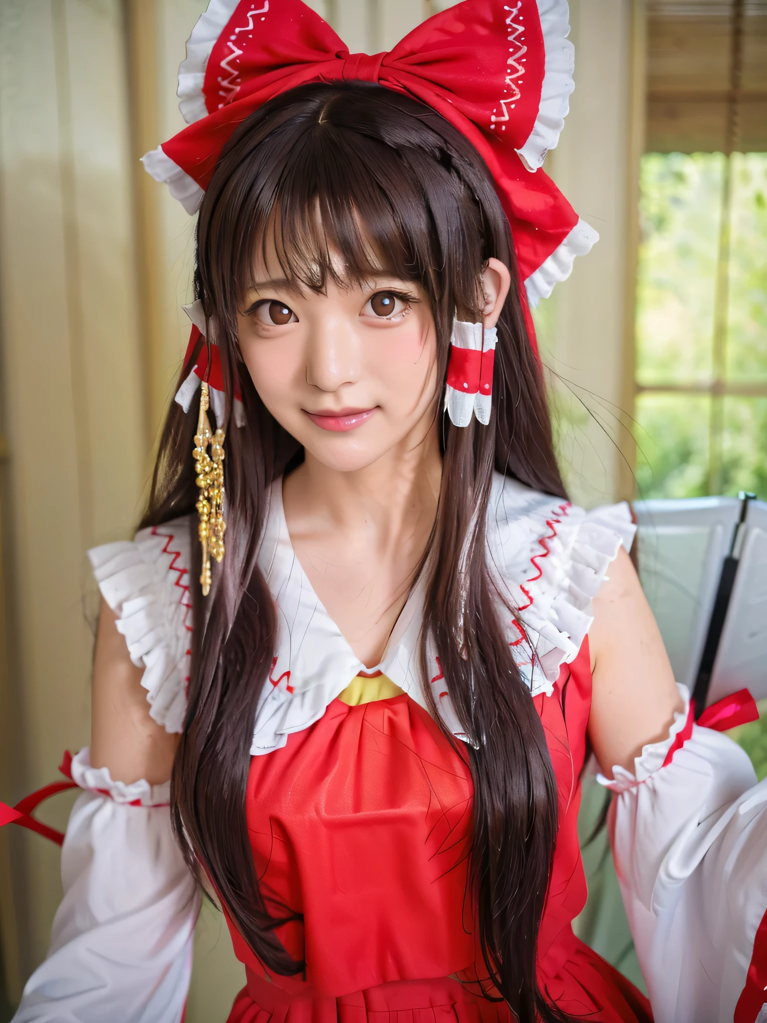 qgiel, solo, (smile:1.3),
cowboy shot, sexy pose, dynamic zngle,
hakurei_reimu_touhou,bow, hair_bow, hair_tubes, red_bow, brown_hair, long_hair, bangs, (hair tubes:1,5), (sidelocks:1.75), ascot, brown_eyes, frilled_bow, yellow_ascot, blush, smile, hair_between_eyes
flat breasts,
(masterpiece, best quality:1.4), (8k, raw photo, photo realistic:1.2), cinematic lighting, soft lighting, shiny skin, detailed skin, detailed face, detailed eyes, (textured skin, skin pores:1.1), Beyondv4,