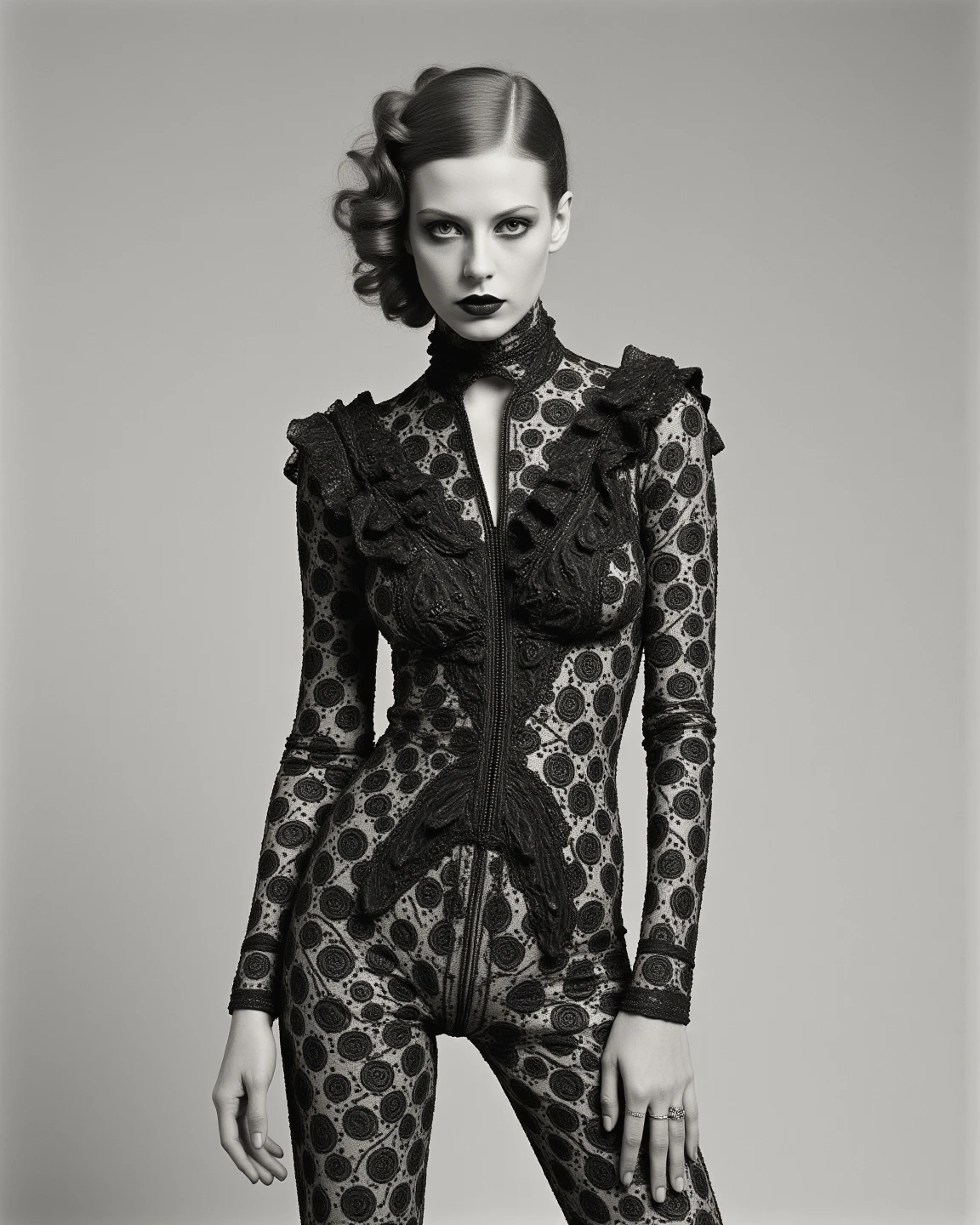 film photography, vintage, fashion shoot of female horror monster, blue dark background