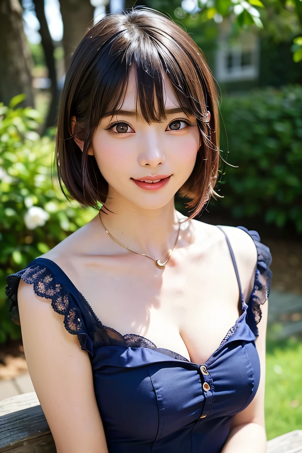 (highest quality:1.5)、(Realistic:1.5)、(1 person:1.5)、(Upper Body:1.5)、Very detailed、High resolution、8k wallpaper、、Small breasts、Natural color lips、Cute Smile、Japanese women、20-year-old girl、Beautiful and elegant face、Perfect and beautiful face、Big eyes、Brunette eyes、Beautiful and elegant face、Natural double eyelids、Natural Bangs、Beautiful thin nose、Beautiful Skin、Chestnut Hair、Medium Bob Hair、Short Hair、Natural Bangs、Perfect and beautiful face、Slim face and figure、(Looking at the camera with a cute expression)、Bright lighting、Professional Lighting、Forward lighting、Cute Smile、Summer blue sky、Grass park on the mountain、Look at the viewers、Low-angle composition、(Staring at the camera with a cute expression)、Bright lighting、Professional Lighting、Forward lighting、Cute Smile、Beautiful clavicle、Beautiful feet:1.2、Smooth Skin、Sweet girl dress、Sit on the grass、Sit down、Leaning forward、Shots from low angles、Sweet girl dresini skirt