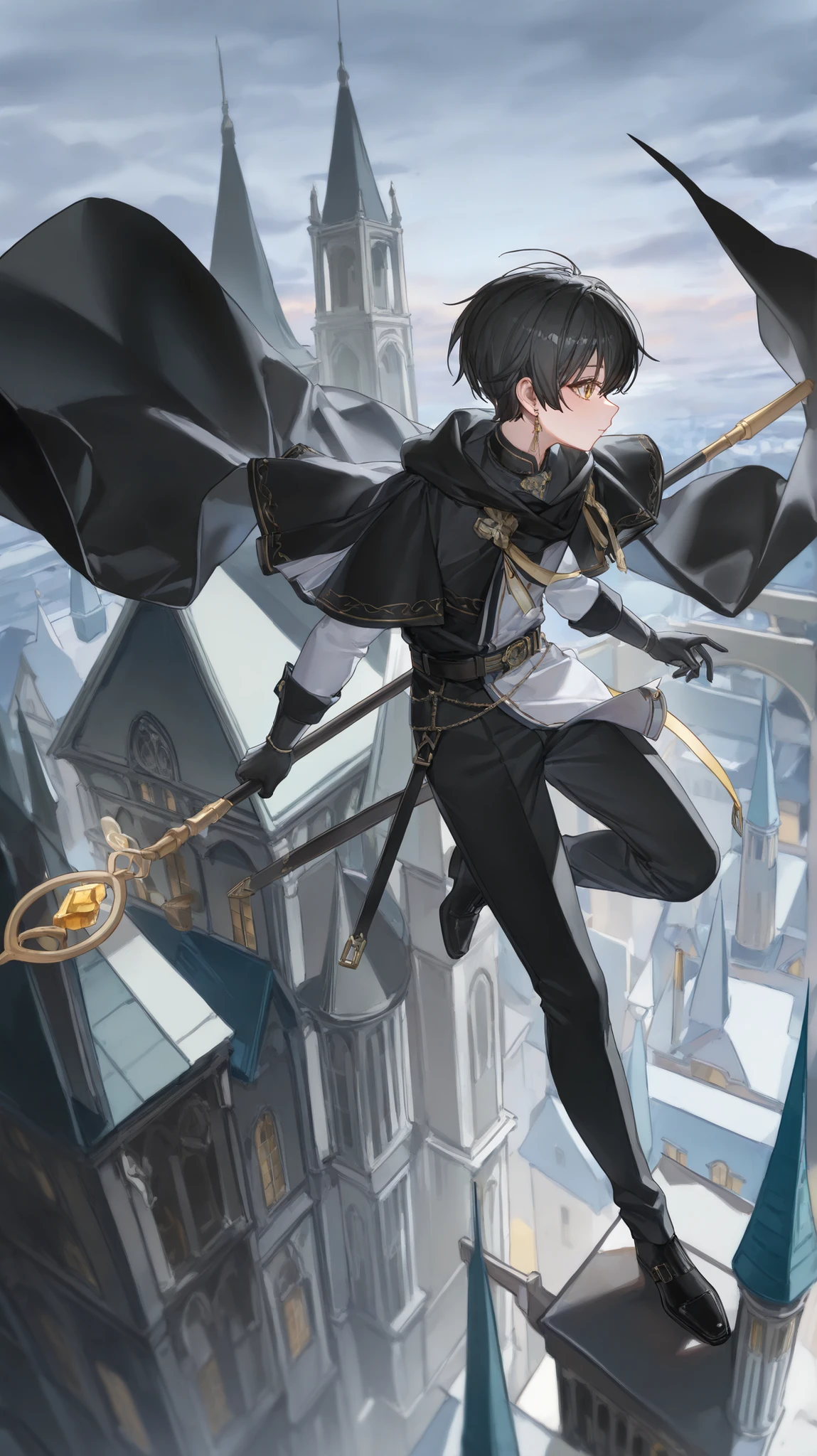 ningen_mame,ciloranko,sho_(sho_lwlw),tianliang duohe,
Detail enhancement,(deformed10.8),(negative space:1.4),((is of amazing quality, Very Beautiful, absurdres, newest)),
machasal ,narke_farnese ,absurdres ,highres ,1boy ,architecture ,belt ,black_belt, black_cape ,black_gloves, black_hair ,black_pants ,black_shoes ,black_sleeves ,cape ,city ,earrings ,floating_clothes, from_above, full_body, gem ,gloves ,gothic_architecture, grey_sky ,high_up ,holding ,holding_staff ,jewelry ,layered_sleeves, long_sleeves ,looking_to_the_side ,male_focus ,outdoors, pants ,profile ,shoes, short_hair, sky ,solo, staff ,tower ,walking ,white_sleeves, wind ,window ,yellow_eyes, yellow_gemstone,