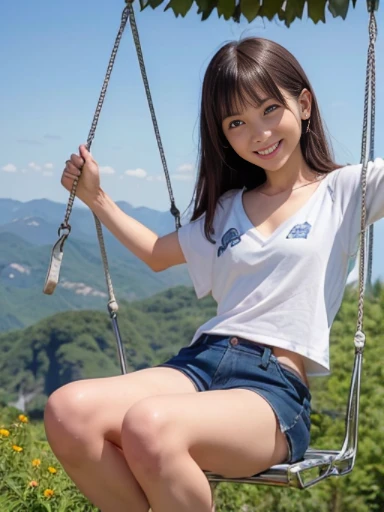 Little girl on top,Looking down,from below,White light panties,sitting on a swing,View of the crotch of the inner thigh,bottom angles,Mocking expressions,Smiling,White light bandeau,Large angle upward view