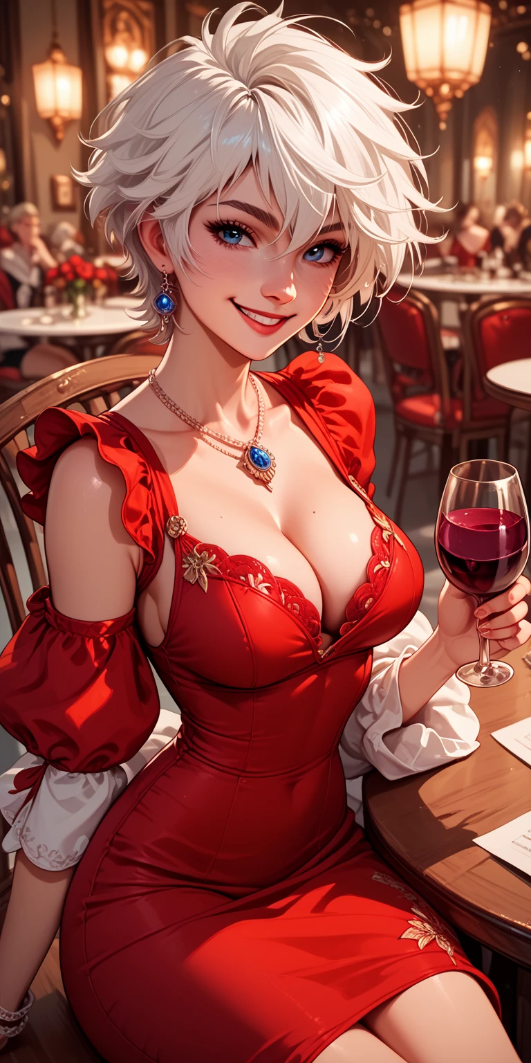 best quality, 32k, RAW photo, incredibly absurdres, extremely detailed, beautiful and cute lady, squat down with your legs wide apart, writhing in ecstasy, her face slightly raised and her lips half-open in an amorous and lewd expression, wearing orange and wine red cute corset ruffle long dress, large breasts, slender, perfect proportion, iridescent silver braided bangs and side hair