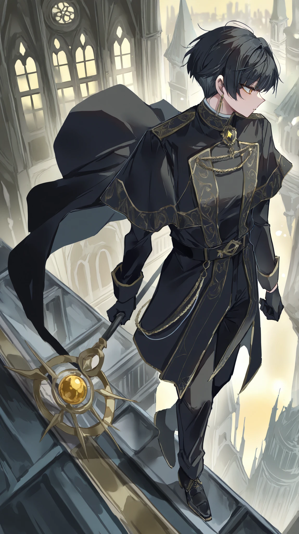 artist:kanzakietc, (artist:aono \(f i s\):1.05), artist:sasa onigiri, (artist:na tarapisu153:1.05), year 2022,
 Detail enhancement,(deformed10.8),(negative space:1.4),((is of amazing quality, Very Beautiful, absurdres, newest)),
machasal ,narke_farnese ,absurdres ,highres ,1boy ,architecture ,belt ,black_belt, black_cape ,black_gloves, black_hair ,black_pants ,black_shoes ,black_sleeves ,cape ,city ,earrings ,floating_clothes, from_above, full_body, gem ,gloves ,gothic_architecture, grey_sky ,high_up ,holding ,holding_staff ,jewelry ,layered_sleeves, long_sleeves ,looking_to_the_side ,male_focus ,outdoors, pants ,profile ,shoes, short_hair, sky ,solo, staff ,tower ,walking ,white_sleeves, wind ,window ,yellow_eyes, yellow_gemstone,

