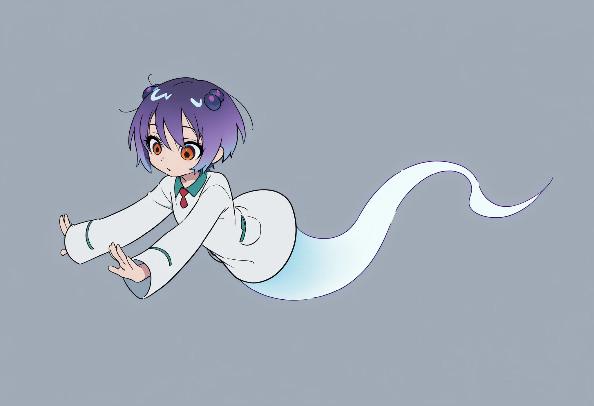 Anime Masterpiece、Highest Quality、super high resolution、clean line、Cell painting ＋soft gradation、Neon Tone。  Tight framing。One cute ghost girl in a white uniform is floating。multiple small glitch rectangles along the outline of the body。orange eyes、Bad look with dark eyes。 Light blue short hair like blueberries。Her lower body is stretched out with a spirit。2 pale lavender whispers drift。 The slight background is uniform green。