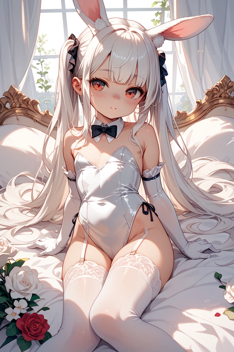 masutepiece, of the highest quality, hyper HD, max res, Very detailed, Clean skin, Anime, full body,, Slender, Very cute, Little girl, Red eyes, semi long hair, Silver hair, Braided hair, lying down, Wide open legs, Raised Legs, White costume, Rabbit ears, Bunny Girl, half-shedding clothes, Half flows down, Wet clothes, Light-skinned clothing, Clothes visible at the tip of the chest, Sweat, Light clothes, clothes with a see-through tummy, underbust, Embarrassed, Blushing, show off pubic area, cleavage, Crotch showing through, Areola showing through, pubic area is open, Pubic Area Showing, Vaginal imaging, breasts out, cum shots，Like the real world --auto