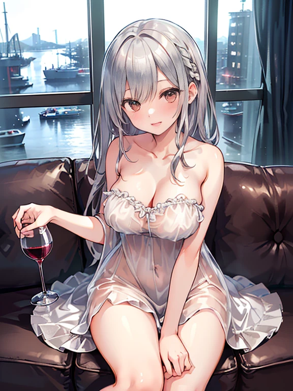 1girl, mature woman, red eyes, silver long hair, big breasts, medieval clothing with a cutout on the chest and crotch and areolas and vagina exposed, nude, nsfw, spread vagina, medieval bar, villagers, cheerful atmosphere in the bar, girl serving staff in the bar, ((nsfw))