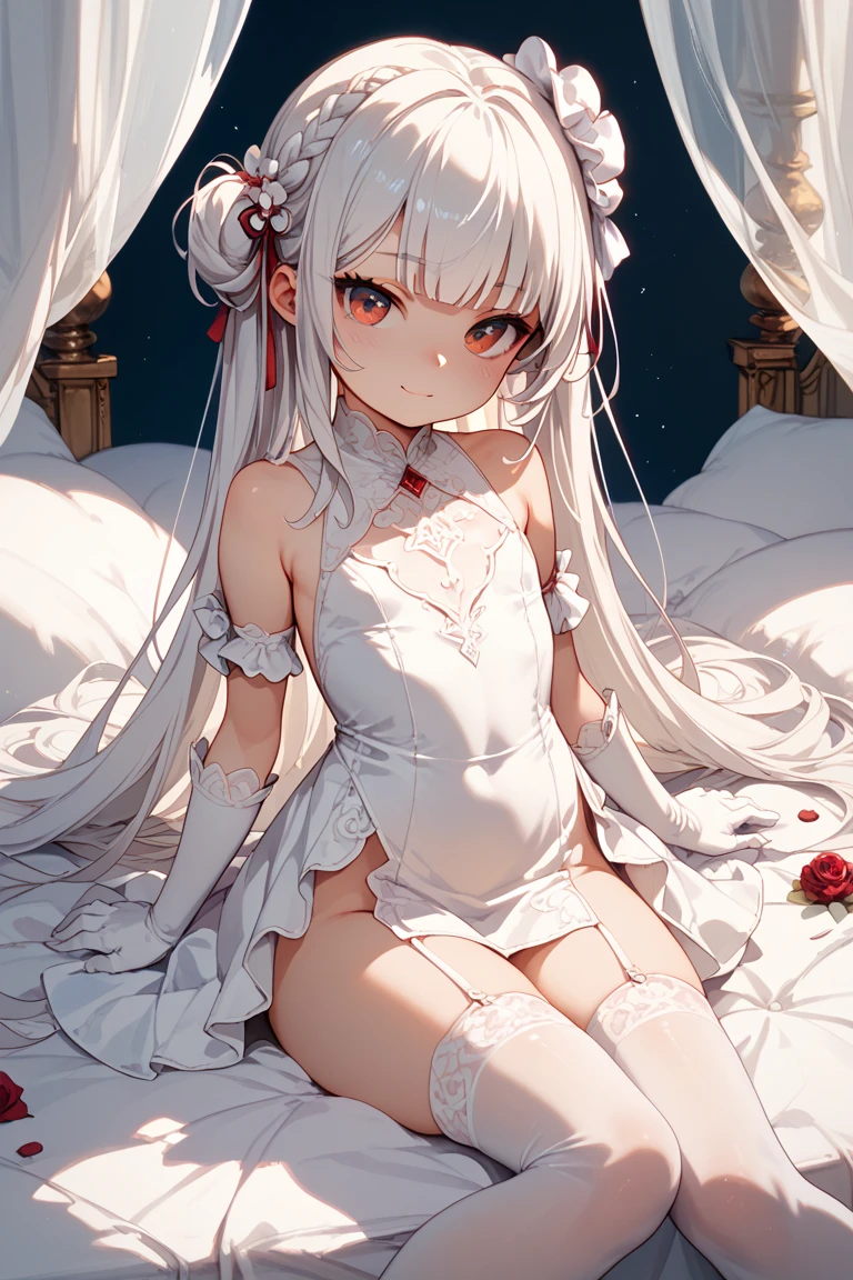 Little loli with white hair and red pupils。White stockings are worn on the right leg，The left leg is wearing black stockings。Wear miniskirts，without wearing shoes, The soles of the little loli's feet were completely exposed in front of me。The bed was full of white liquid。delicate leg。perfect tits。Small and delicate feet。Lie down in bed。There is a large amount of white fluid at the base of the thigh。open open mouth，Stick out her tongue。。There is a lot of white liquid on the clothes。Reveal the viscous liquid on the soles of the underwear。Bare belly and shoulders。Hands are tied。The pupils turn upwards,Wear an iron collar around your neck。