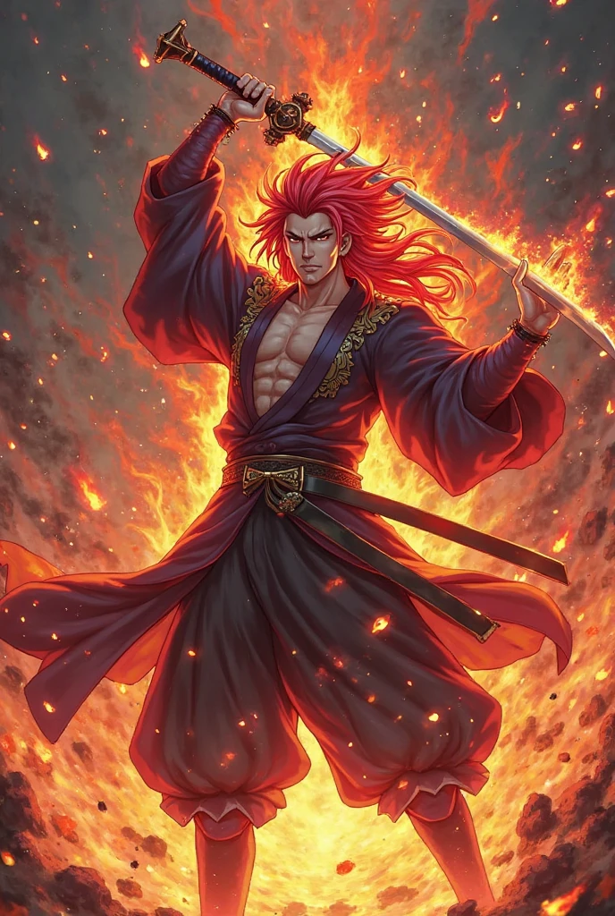 (1 male,Rengoku Kyojuro,yellow and orange hair),alone,comics『Demon slayer』letter,,Fighting Style,Fire effect,Staring straight ahead,Step forward,Moderately dirty,In Japan there are swords,Digital Art,An illustration,Intricate details,Intricate details,Wide range of colors,artwork,rendering,,(Highest quality:1.4),(Very detailed:1.5),High resolution,Very detailed,unity 8k wallpaper,Draw artistic background,Chinese dragon painted with fire,break,Japanese swords are straight and have a metallic luster...,Please hold the handle of the Japanese sword.