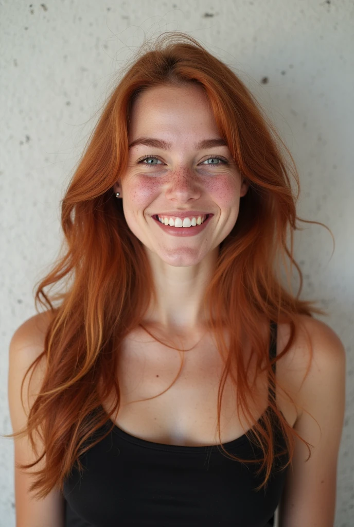 a beautiful 20 years old red head woman in a night club smiling under a spot light 