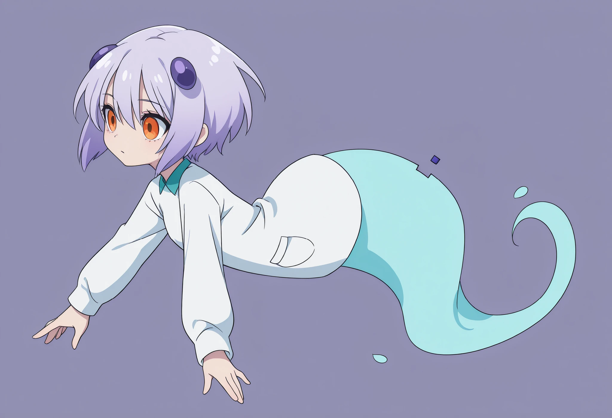 Anime Masterpiece、Highest Quality、super high resolution、clean line、Cell painting ＋soft gradation、Neon Tone。  Tight framing。One cute ghost girl in a white uniform is floating。multiple small glitch rectangles along the outline of the body。orange eyes、Bad look with dark eyes。 Light blue short hair like blueberries。Her lower body is stretched out with a spirit。2 pale lavender whispers drift。 The slight background is uniform green。