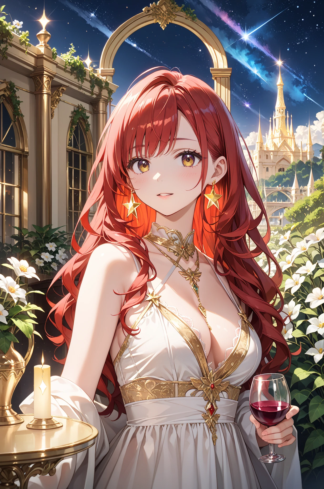 (beautiful, masterpiece, best quality), (himeko (honkai: star rail):0.8), 1girl, solo, (beautifully detailed face), bangs, red hair, long hair, hair between eyes, bangs, perfect eyes, bright eyes, yellow eyes, amazing eye detail, looking at viewer, breasts, cleavage, mature, mature female, dress, white dress, black high heels, nice hands, perfect hands, (perfect fingers:1.2), smiling, inside vintage train carriage, sitting, perfect lighting, (starry night:1), (moon light:0.8),