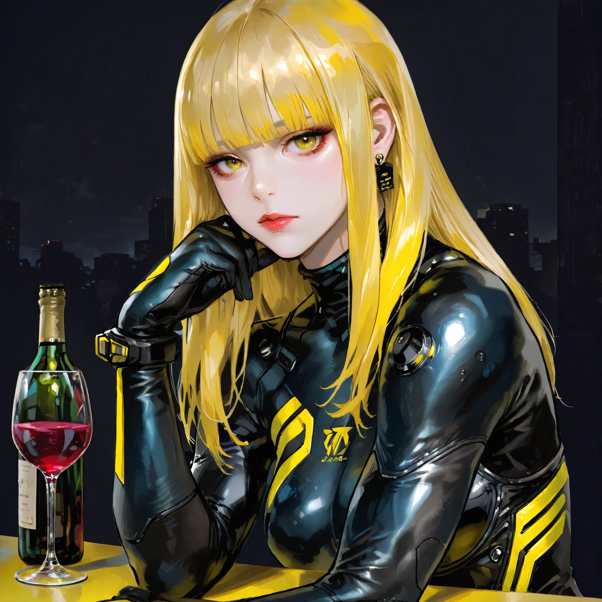 Gthan, a girl, alone, blonde hair,,, yellow eyes with eagle irises,,, red lips, bangs, jewelry, earrings, looking at the viewer, makeup, blunt bangs, closed mouth, windowpane in a building with a city view in the background, portrait, lipstick, turtleneck,,,, (tech-wear), (combat bodysuit: 1.4), white satin, black, (neon yellow geometric details),,,, medium length hair, modern hairstyle, simple background, long hair, sitting on a table, chairs beside the table, wine bottle on the table, left hand delicately holding a wine glass.