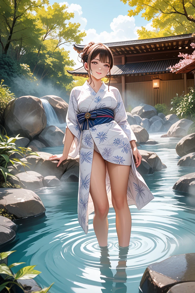 (masterpiece, best quality:1.2), 1girl, (solo), Android 18 from Dragon Ball, ((pastel long kimono)), (standing), medium breasts, blunt bangs, short blonde hair, (blue eyes), earrings on earlobes, slim, slender feminine figure, skinny body, blush, sky, magnificent view, blur background, 4K, open mouth, river, smile, (own hands together), Tanabata, night, moon, collarbone, cleavage, Japanese sandals, outside, a strip of paper, full body, bamboo forest,