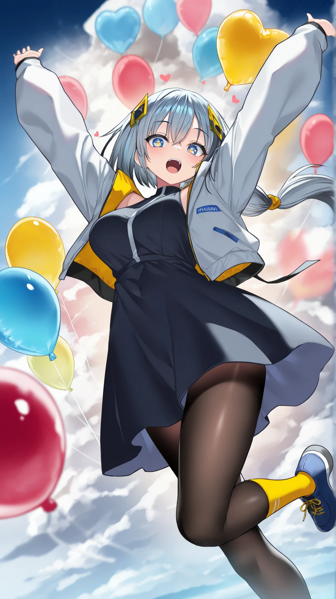 (takemori shintarou:1.16), (harada takehito:1.16), (cool-kyou shinja:1.16), kojima takeshi, (taketora suzume:1.05), (takeuchi takashi:0.90), (lambda \(Kusowarota\):0.90), (cle masahiro:0.86), year 2022,
Detail enhancement,(deformed10.8),(negative space:1.4),((is of amazing quality, Very Beautiful, absurdres, newest)),
cevio,kamitsubaki_studio,Coffee_(cevio), absurdres,Highres, 1girl ,above_ cloud s ,arms_up ,balloon ,black_dress, blue_eyes, blue_shoes, Bright_pupils, cloud ,diamond_hair_ornament ,dress ,full_body, grey_hair, hair_ornament, heart_balloon, high_up ,hood ,hood_down, horizon ,jacket, long_hair, long_ sleeves ,Looking_at_viewer, low-tied _sidelocks, midair ,open_mouth, pantyhose ,shoes ,sidelocks ,sky, socks, Alone ,teeth, upper_teeth_Only, white_jacket, white_pantyhose ,yellow_pupils, yellow_socks