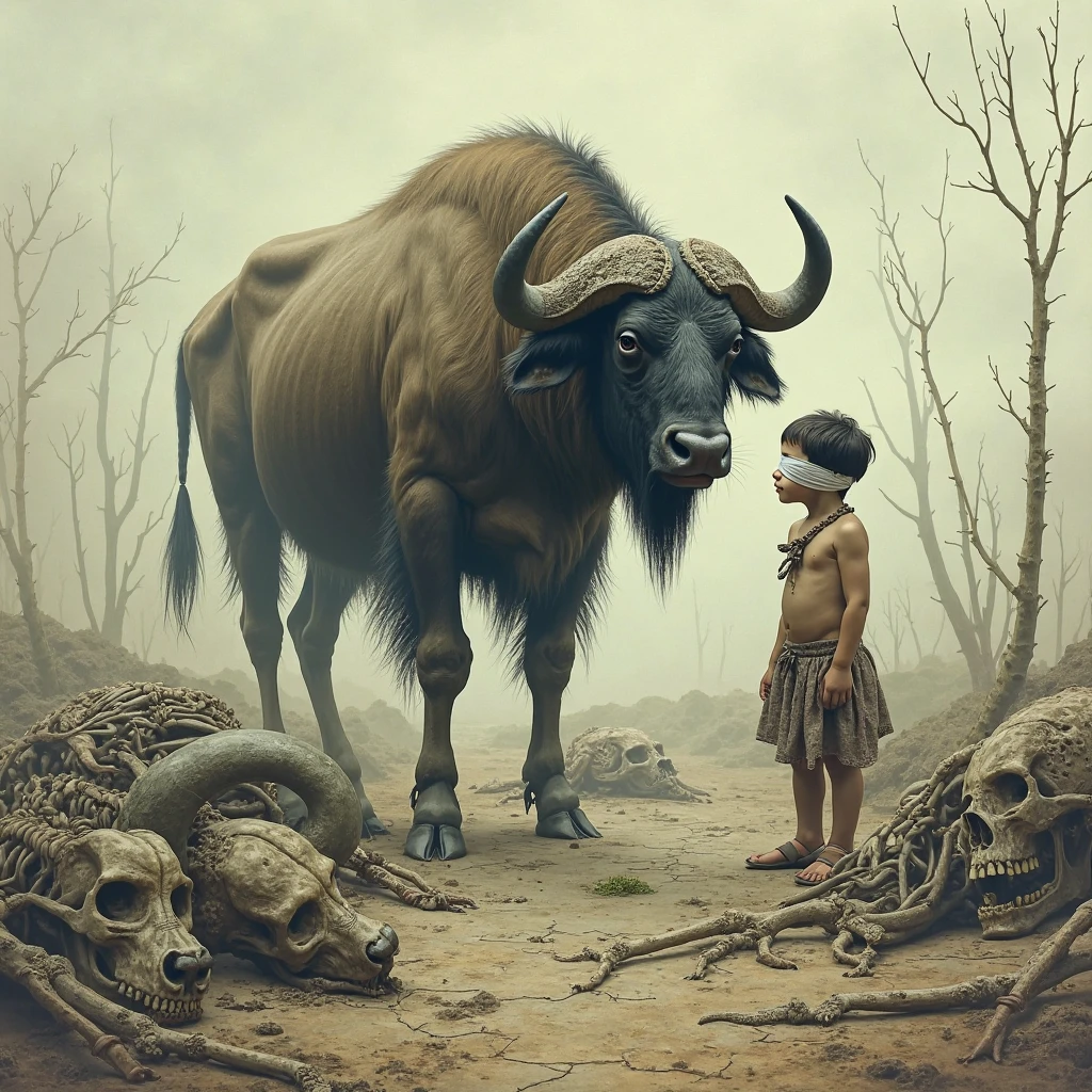 One day a buffalo has dried up and lost its senses, there is no one there except a five-year-old boy whose eyes are bandaged, or near him are the skeletons of dead animals. The child lost forest  