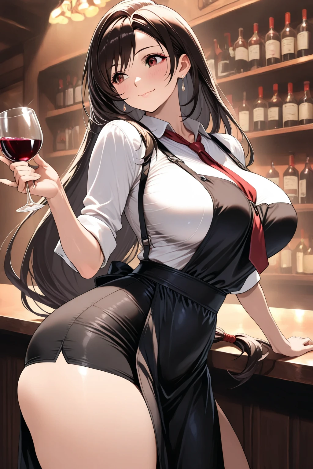 (8k、Best image quality、highest quality、masterpiece)、Detailed face、One girl、Black Hair、((blunt bangs))、Long Wavy Hair、Grey Eyes、smile、Earrings、((Very large breasts))、((playboy bunny))、((pantyhose))、Cowboy Shot、BAR Background
