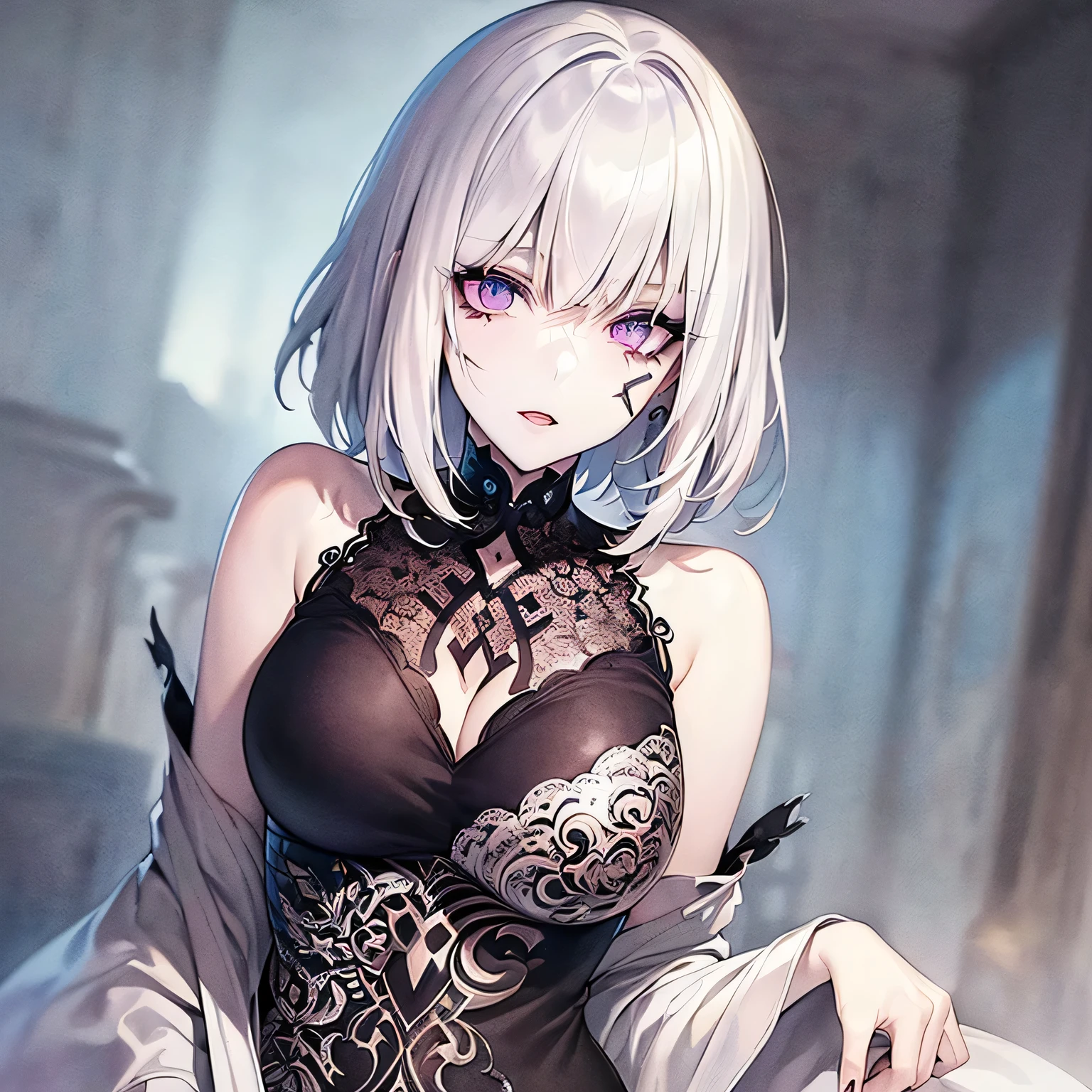 (masterpiece,highest quality)(Above the knee images)(A wonderful woman, Black long dress, Mature Woman, Woman with short white hair, 、Hair that falls over the shoulders, Pale pink lips, Indifference, Seriousness, bangs, Detailed face, Correct Proportions, (This painting was done in the Gweiz style.。.、Oil painting of a woman with short hair. The entire painting uses a black and white palette. which are loved by the audience. Expressed with detailed depiction.Snow-white hair, Red eyes, exuding a mysterious atmosphere, その女 is dressed elegantly and tastefully, Candles、from behind