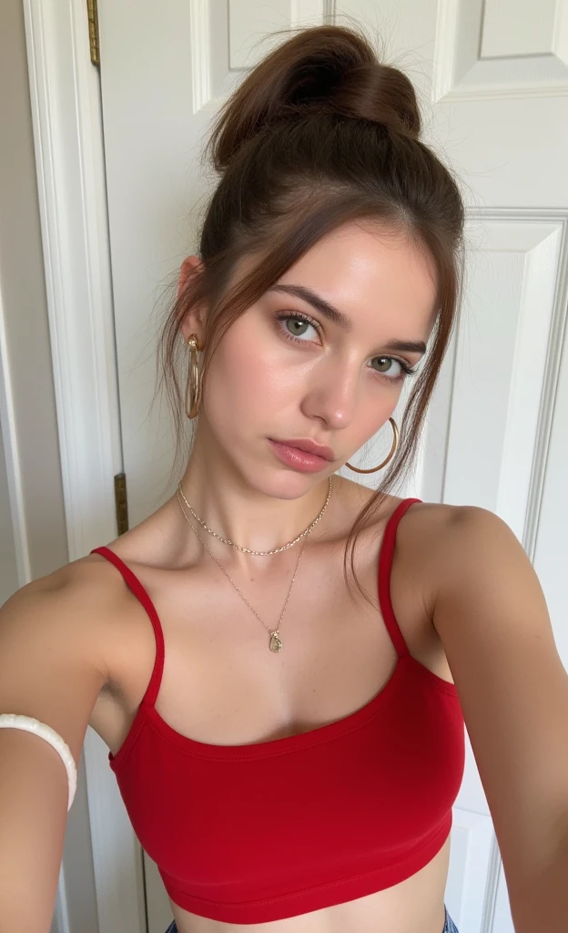 Selfie, Ultrarealistic, (pale skin), black hair, , red crop top, upper body, hotel room, (selfy with front camera)