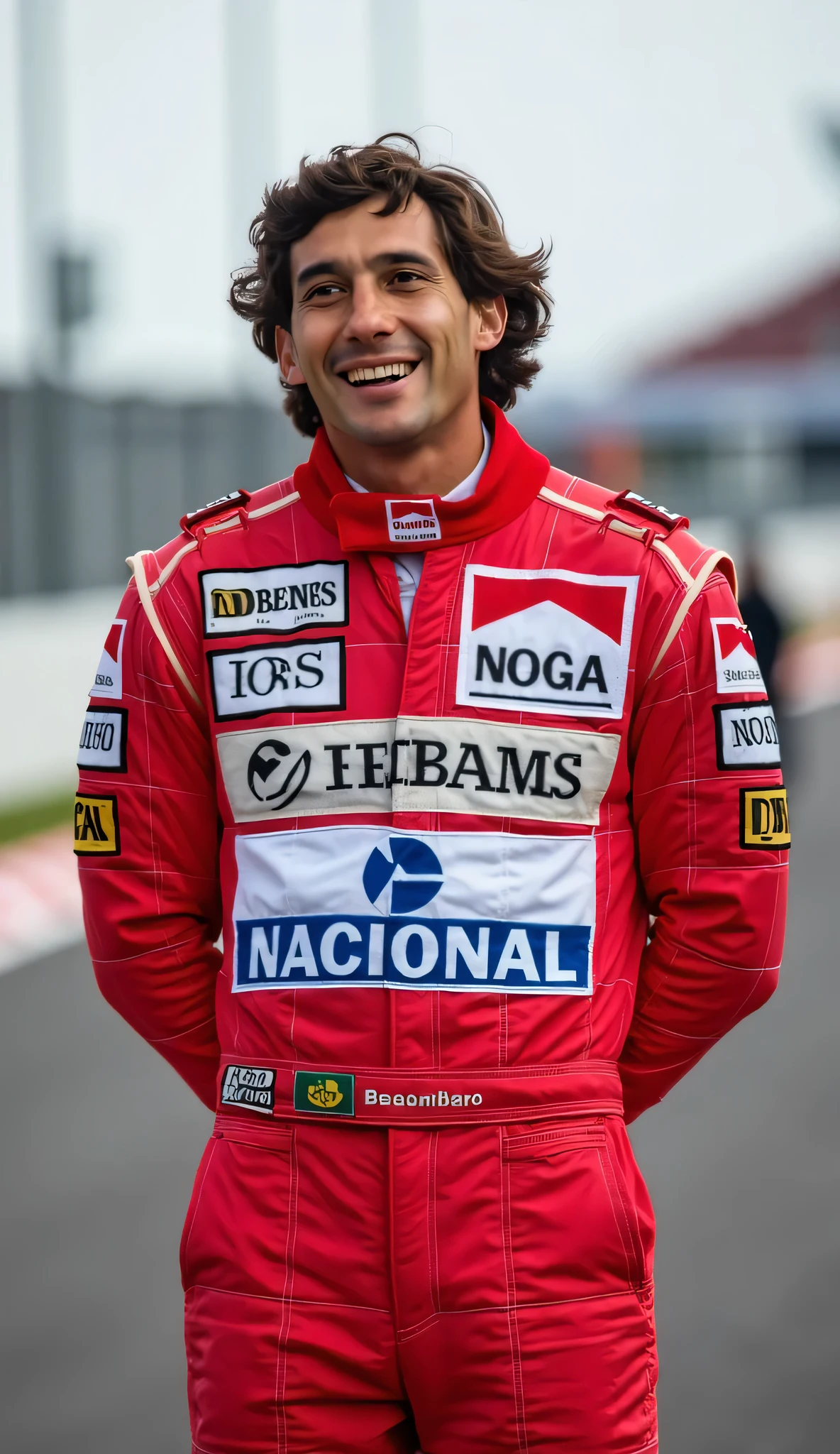 Ayrton Senna,Brazil🇧🇷,f1 driver、〜1994、Red Racing Suit,McLaren Honda,I'm standing at the circuit,NACIONAL sponsor's mark on the abdomen,laughing,