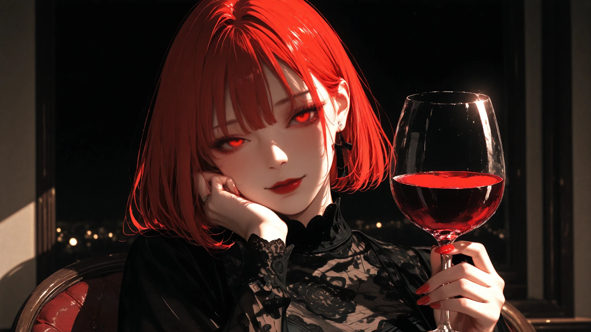 woman with dark red hair, with red eyeliner, makeup, light lipstick, red jacket, black gloves, tight black skirt, black shirt, in front of a bar