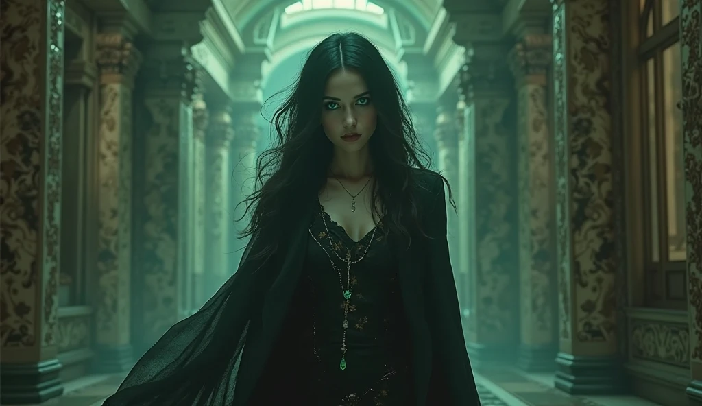 A haunting digital artwork of Medusa's face with piercing, glowing red eyes. Her skin has a pale, scaly texture with an otherworldly green tint. Writhing snakes replace her hair, each with its own menacing expression. The snakes intertwine with flowing, dark curls that seem to move in an unseen wind. The background swirls with deep purples and blacks, creating a sense of cosmic dread. Tendrils of mist curl around her face, enhancing the eerie atmosphere.