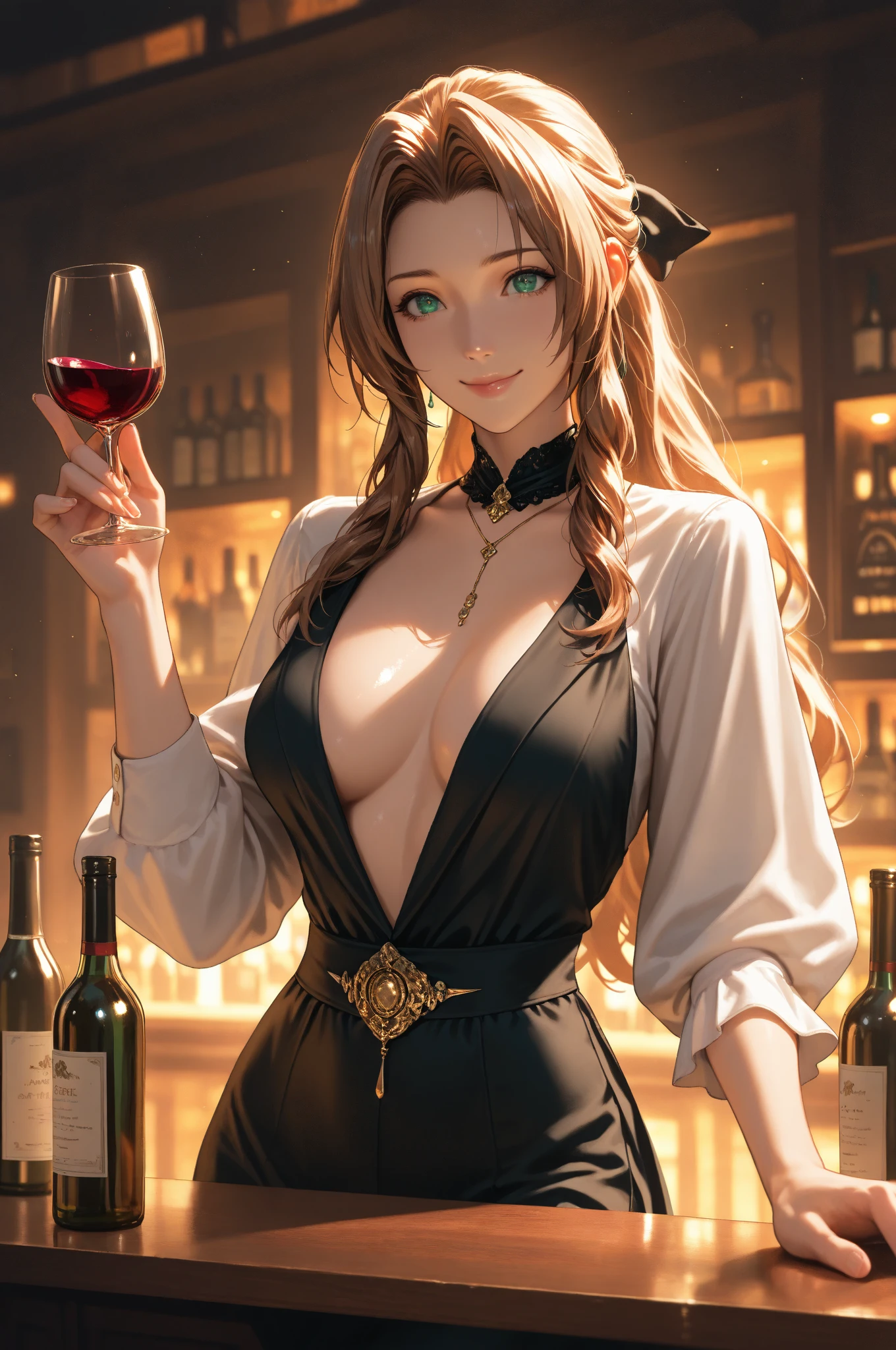 a woman in a red dress, sitting at a bar, two orc men, beautiful detailed eyes, beautiful detailed lips, extremely detailed eyes and face, long eyelashes, detailed facial features, detailed clothing, detailed background, female surrounded by orcs, in a pub, tavern setting, concept art, fantasy, world of warcraft, warcraft style, pixiv, safe for work, high quality, detailed, photorealistic, 4k, masterpiece, blushing, undressing her dress, showing tits, trying to cover tits, spreading legs, no panties, spreading legs, seductive, seduction of viewer