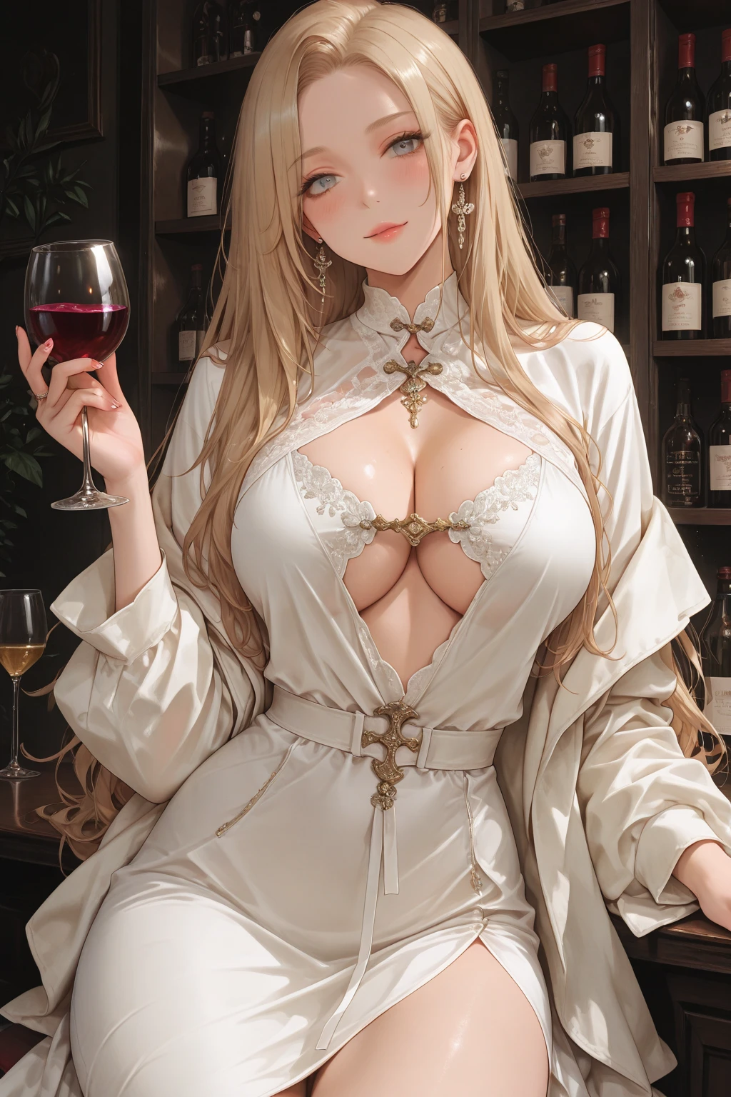 ((midynight, best qualtiy, 8K, tmasterpiece :1.3)), full bodyesbian, long leges, Sharp focus :1.2, A beautiful woman with a perfect figure :1.4, Slender abs :1.1, (, gigantic cleavage breasts :1.2), (nighttime scene, the roof:1.3)), Highly Detailed Face and Skin Textur, Fine Eye, 二重まぶた,(best qualtiy)Meticulous Gao Yagui lace gold skinny cheongsam girl,(Background with:Exquisite bar、Alcohol from different countries、Bartender),Sit on the floor of the bar,spread their legs,Wear a golden skinny cheongsam with noble lace,Excitation,cleanness,Bare chest,Protruding lower abdominal muscles,Reveal tight panties,And for《Super》Add a cinematic touch to your scene,(((Super big breasts:K cup))),((Blonde curls,Pick dyeing、Colorful)),Tied with a high ponytail,Film lighting completes the overall atmosphere。